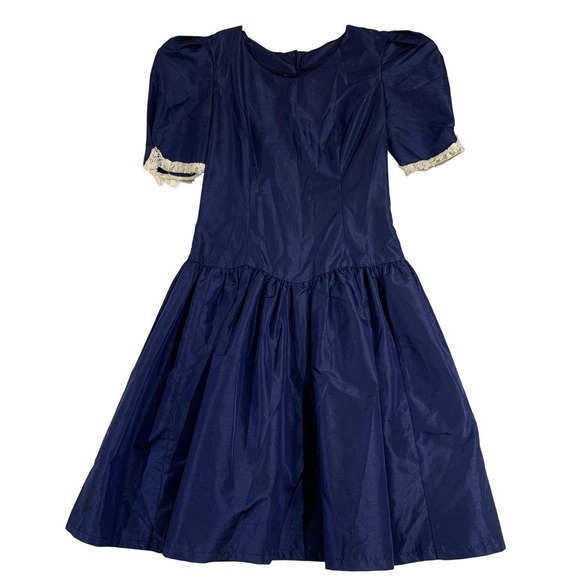 VTG‎ Navy Blue Dress Lace Trim Short Sleeve Fit Flare Party Cocktail - Picture 1 of 5